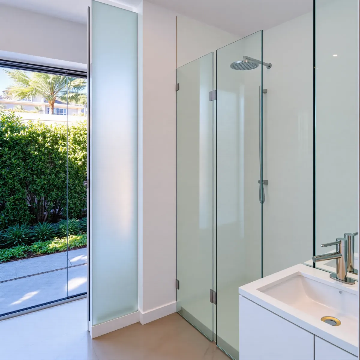 Modern Beverly Hills bathroom with marble countertops, floating vanity, glass shower, and lush outdoor scenery.