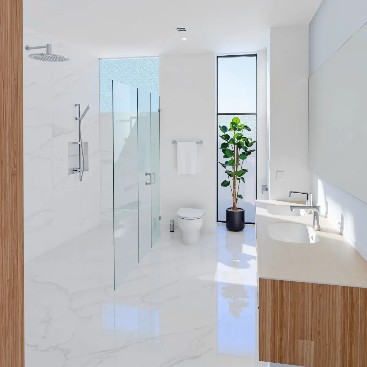 Remodeled Redondo Beach bathroom with modern fixtures, walk-in shower, marble countertops, coastal decor, and coastal views.
