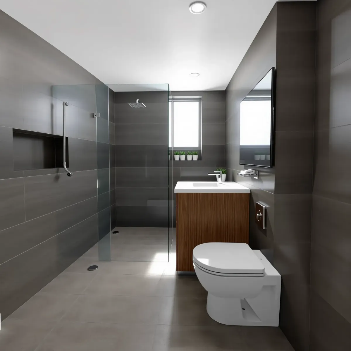Modern Rancho Park bathroom with gray tiles, glass shower, white quartz vanity, wood cabinets, and natural light.