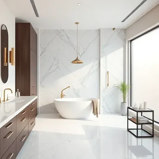 Spacious Century City bathroom remodel with luxurious tub, marble counters, modern design, and tranquil decor.