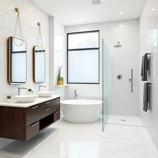 A modern Mar Vista bathroom remodel featuring a spacious walk-in shower, freestanding bathtub, and elegant finishes.