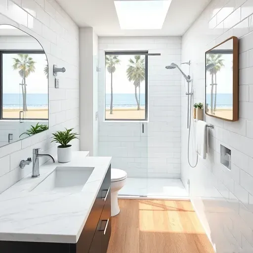 Bright Santa Monica bathroom with marble countertops, black vanity, subway tiles, glass shower, and ocean view