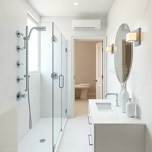 Modern remodeled small bathroom in Westchester CA with chrome fixtures, glass shower, marble tiles, quartz vanity, and natural light