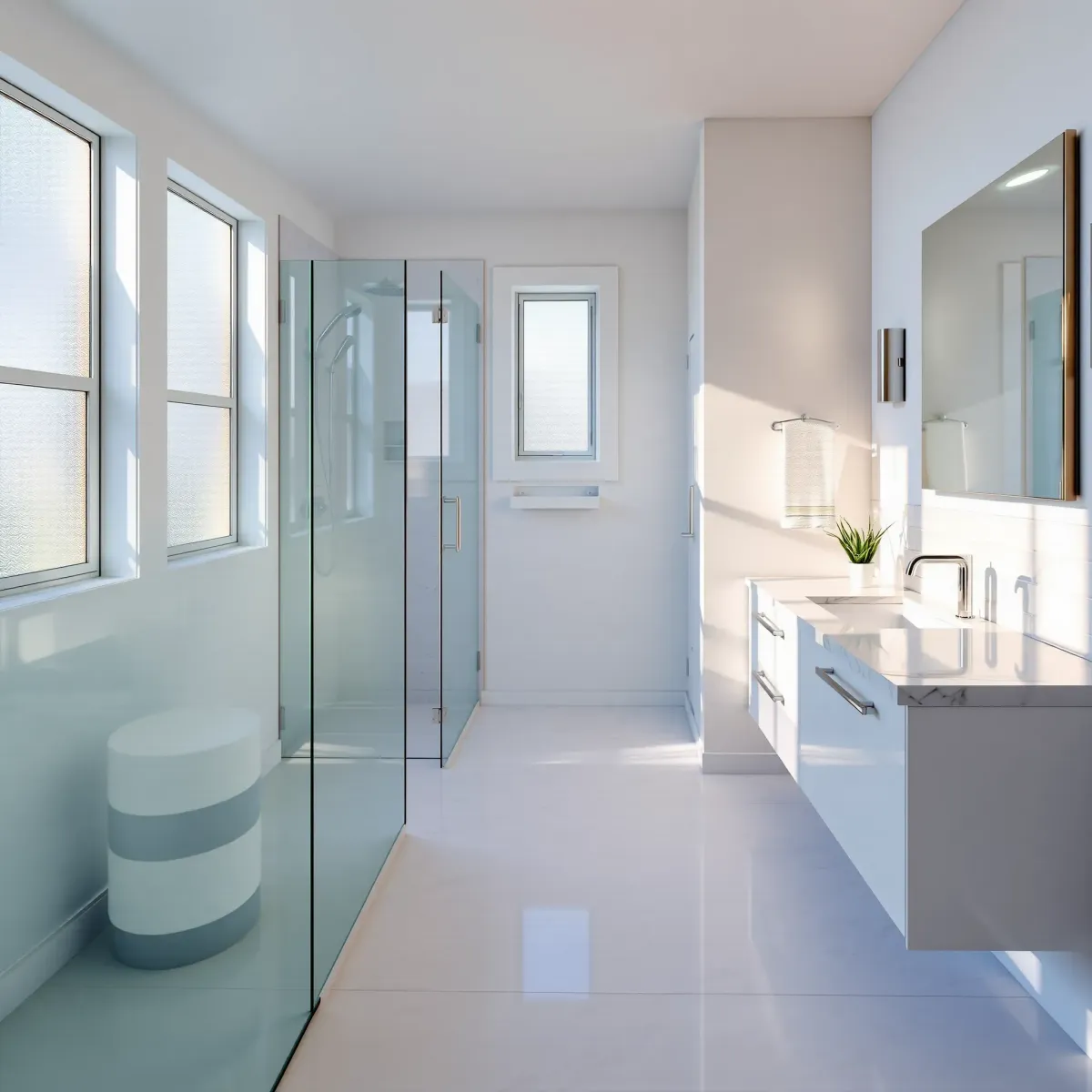 Modern renovated Santa Monica bathroom with white quartz counters, floating vanity, glass shower, and coastal decor.