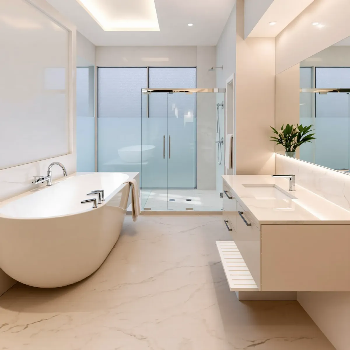 Remodeled Mid Wilshire bathroom with modern fixtures, glass shower, stylish vanity, warm hardwood, and elegant neutral tones.