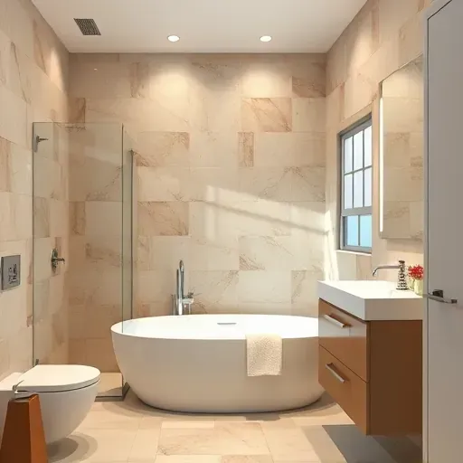 Completed bathroom remodel in South Los Angeles featuring sleek fixtures, soft earth tones, and elegant decor.
