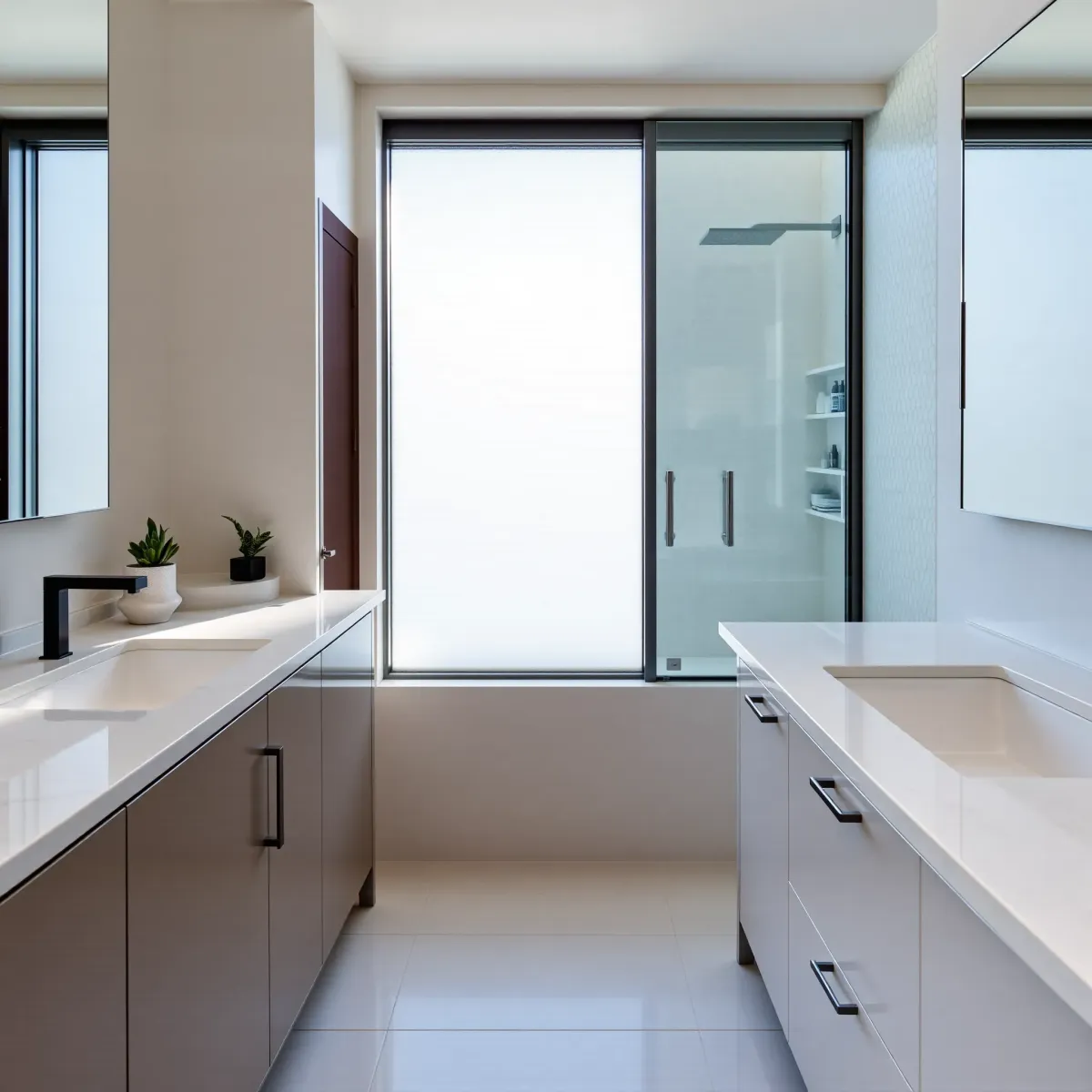 Small Beverly Hills bathroom remodeled with marble countertops, matte black fixtures, walk-in shower, and sleek modern design.