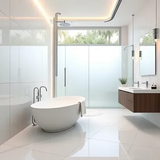 Completed bathroom remodel in Hawthorne CA featuring elegant fixtures, modern bathtub, stylish shower, and neutral colors.