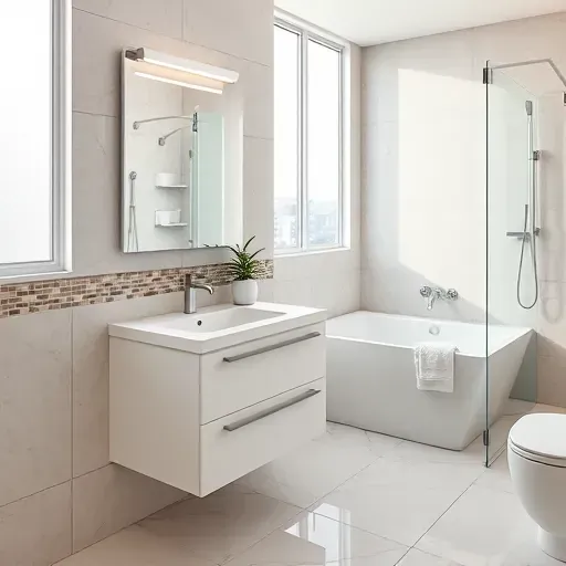 Contemporary small bathroom in Baldwin Hills with sleek vanity, glass shower, marble floors, and modern decor.