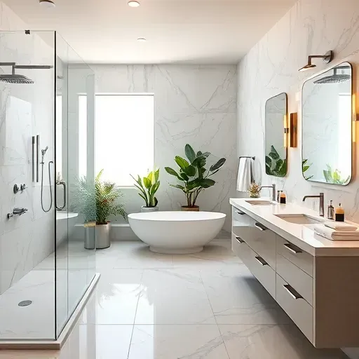 Luxurious modern bathroom in West Los Angeles featuring a walk-in shower, freestanding tub, and elegant marble tiles.