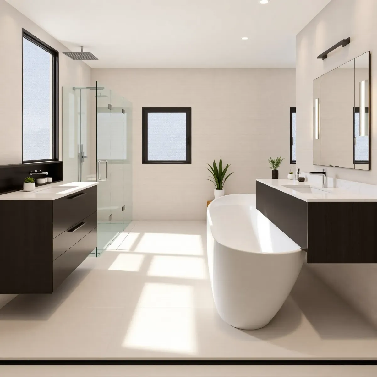 Remodeled Lawndale bathroom with modern fixtures, freestanding tub, glass shower, marble vanities, and natural light.