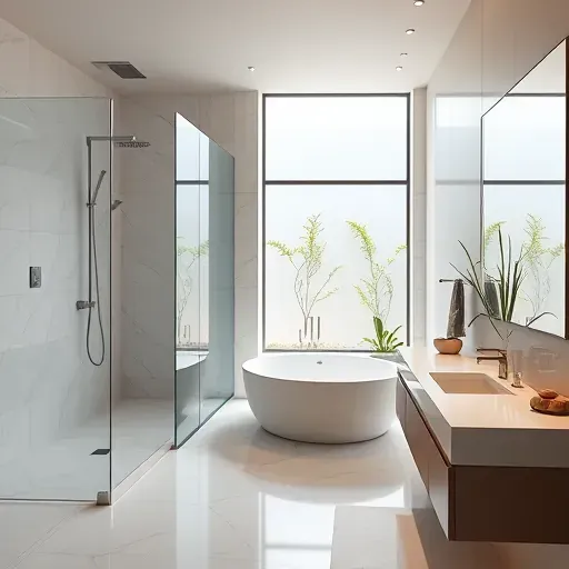 Luxurious modern spa bathroom in Los Angeles with walk-in shower, soaking tub, marble floors, and natural light flowing through frosted windows