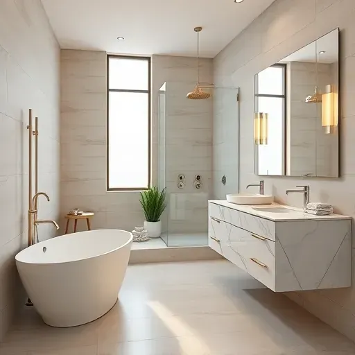 Modern bathroom remodel in Mid Wilshire CA with freestanding tub, glass shower, and elegant design elements.