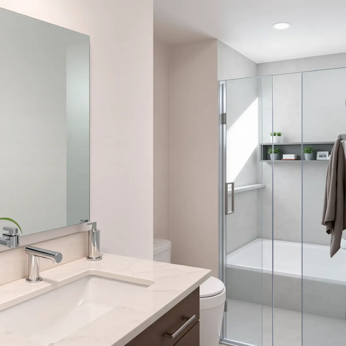 Renovated small Hyde Park, CA bathroom with marble vanity, walk-in shower, modern fixtures, greenery, and natural light.