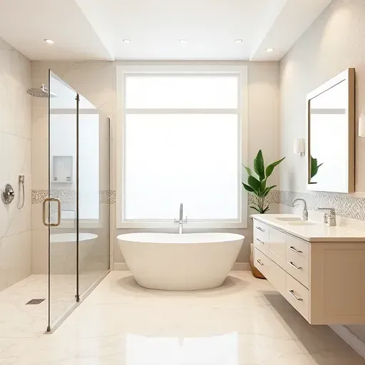 Bathroom remodel in Redondo Beach featuring a walk-in shower, freestanding tub, and modern fixtures in a serene palette.