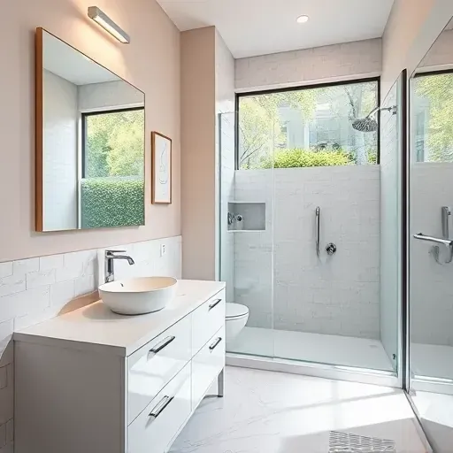 Recently remodeled Beverly Hills small bathroom with sleek fixtures, minimalist vanity, glass shower, and marble floors
