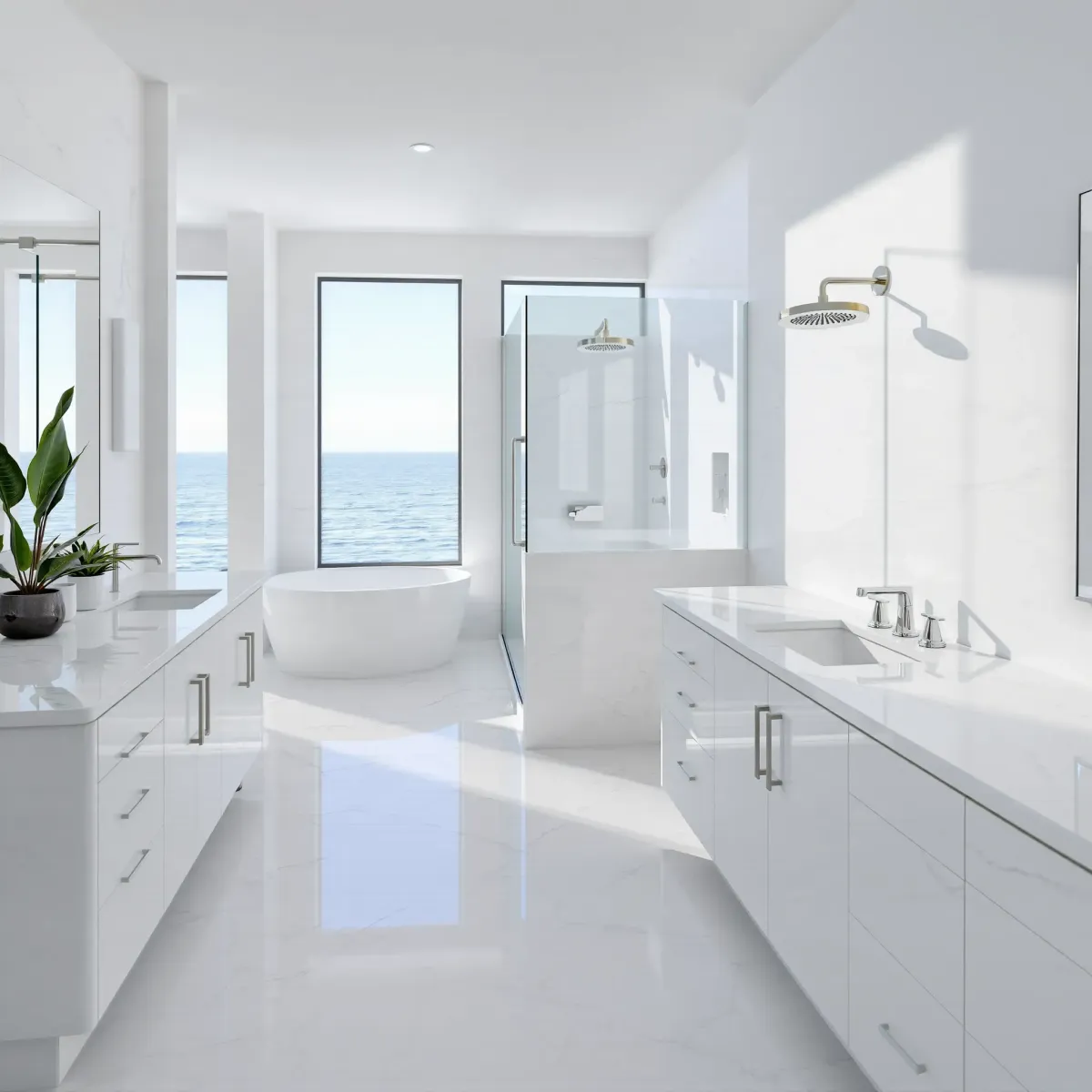 Spacious modern bathroom in Redondo Beach with ocean-inspired colors, walk-in shower, soaking tub, and coastal decor.