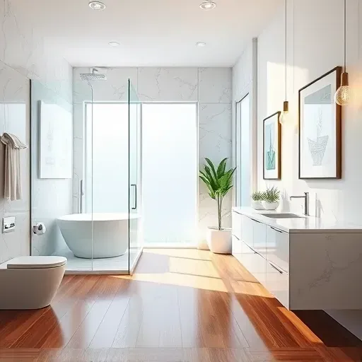 Recently remodeled Los Angeles basement bathroom with modern fixtures, glass walk-in shower, marble counters, hardwood floors