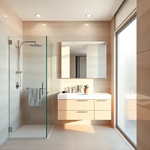 Renovated small bathroom in Carson California with modern tiles, glass shower, floating marble vanity, and natural light