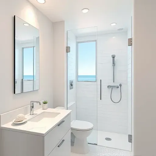 Recently remodeled small bathroom in Santa Monica features modern fixtures, white vanity, and ocean-inspired accents.