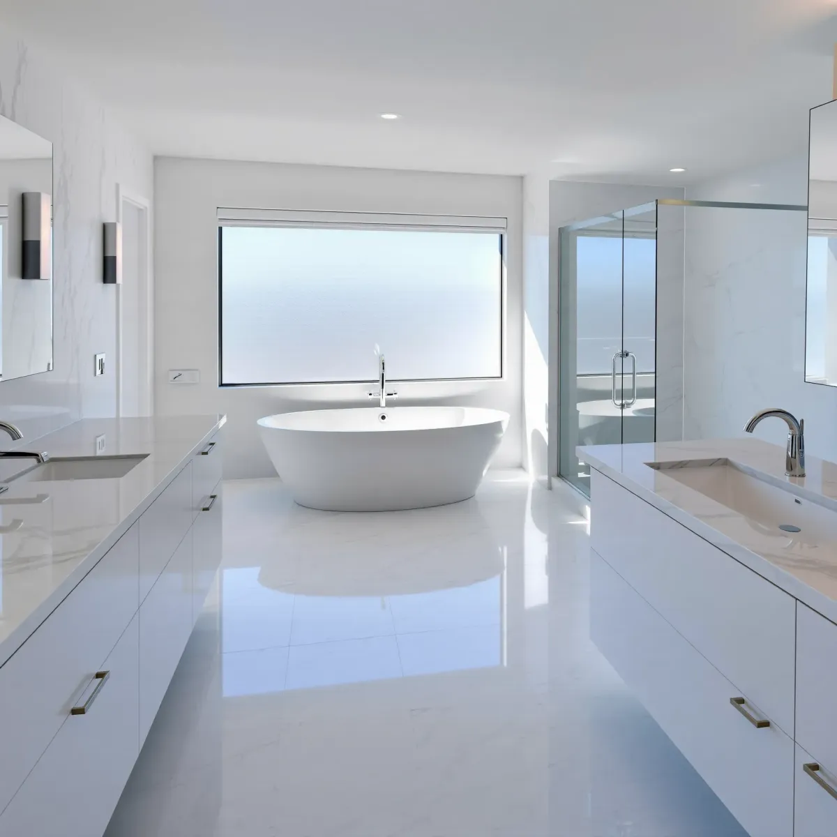 Los Angeles bathroom with marble countertops, glass shower, soaking tub, porcelain tiles, and skyline view.