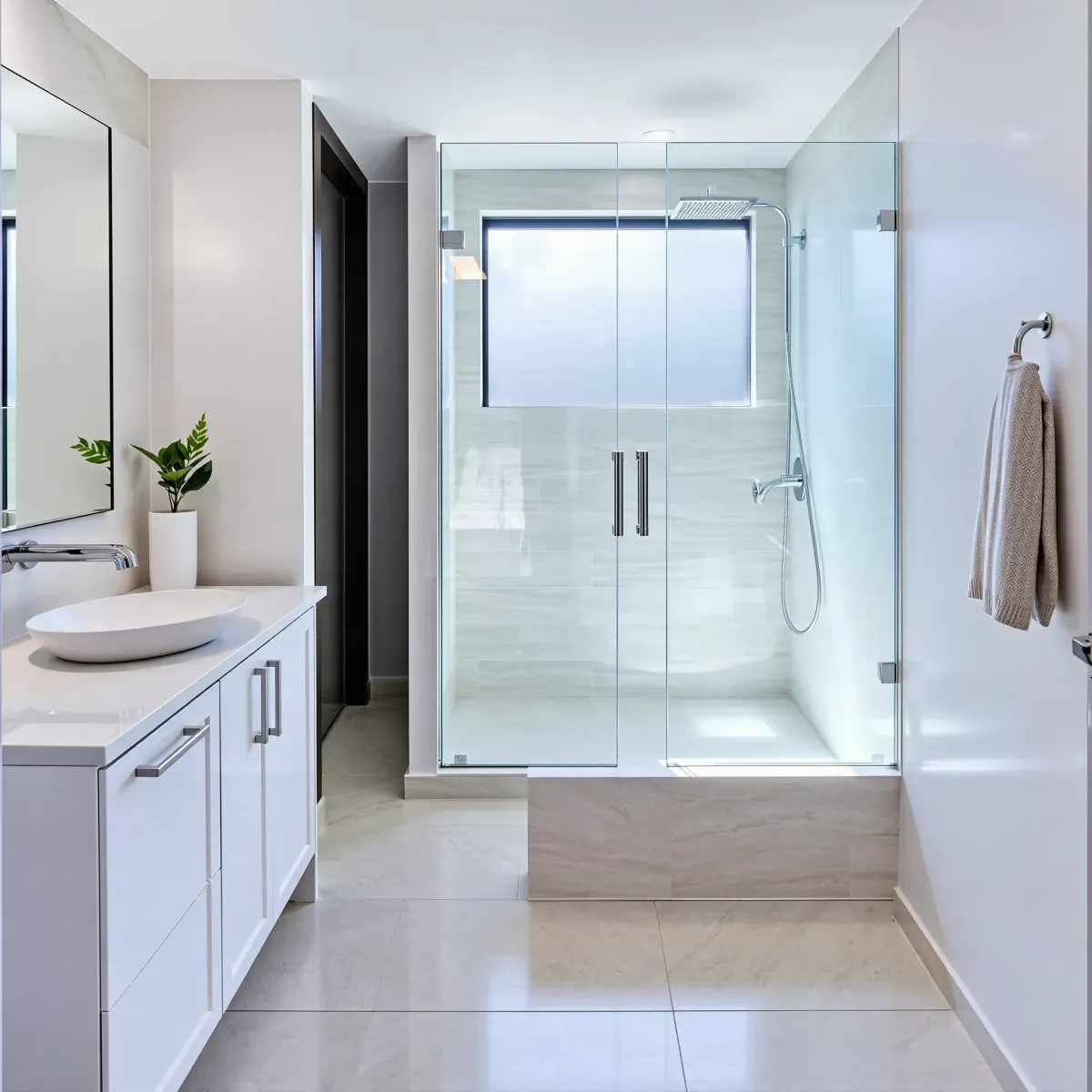 Small renovated Leimert Park bathroom featuring a white vanity, marble countertop, vessel sink, glass shower, and modern tiles.