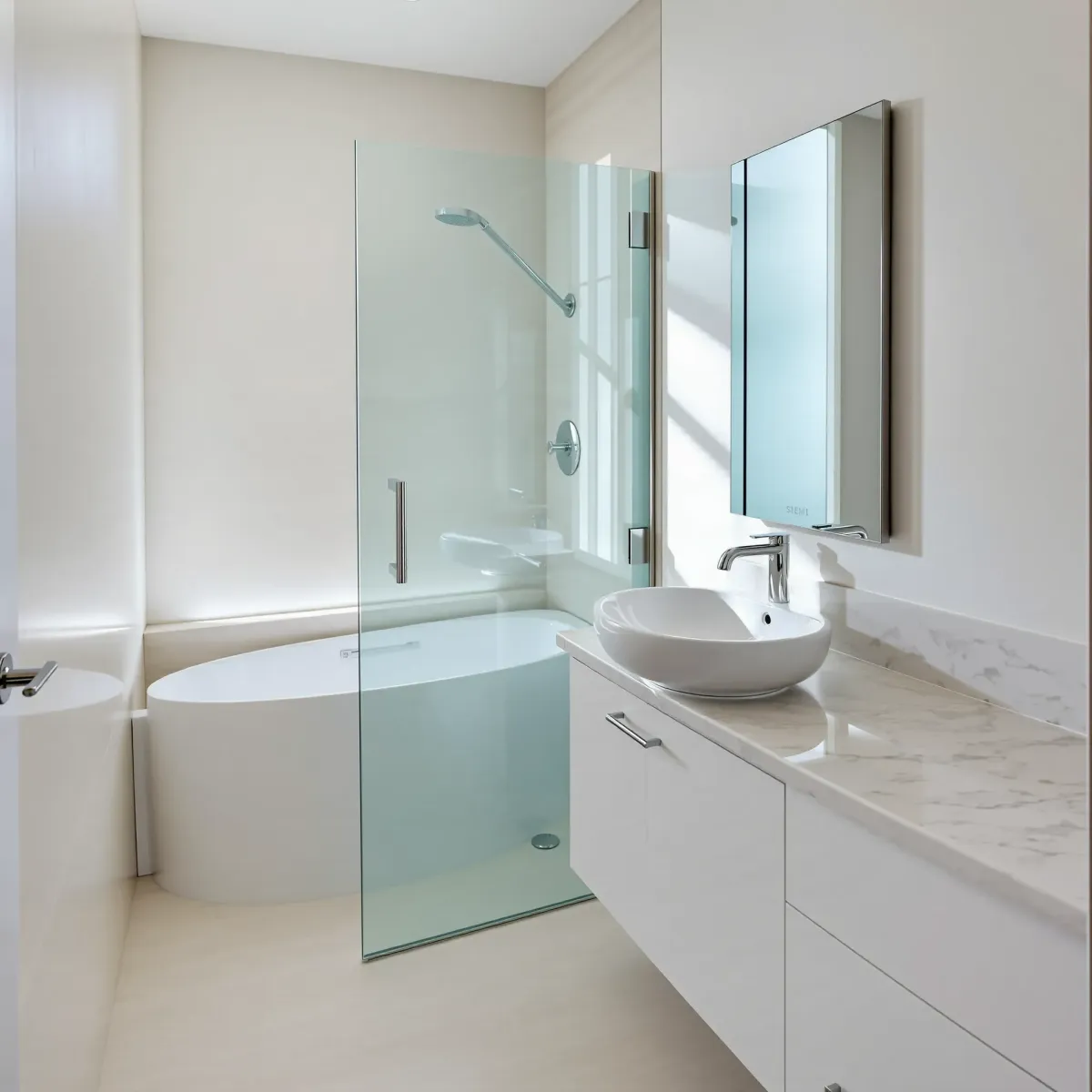 Bright modern Westchester bathroom with neutral tiles, walk-in shower, floating vanity, and stylish fixtures.