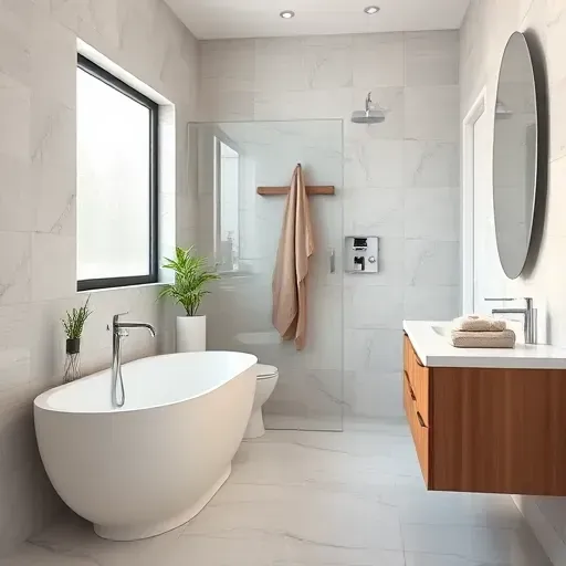 Modern bathroom remodel in Compton CA featuring freestanding tub, tiled walls, sleek vanity, and polished finishes.