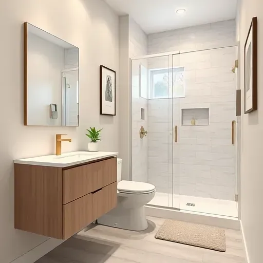 Renovated Crenshaw California small bathroom with modern vanity, marble countertop, brass fixtures, walk-in shower, and neutral tones