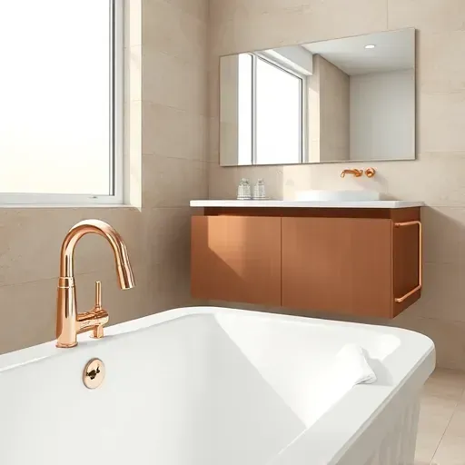 Perfectly installed copper plumbing in a modern Los Angeles bathroom with a white bathtub, sleek vanity, and textured tile walls