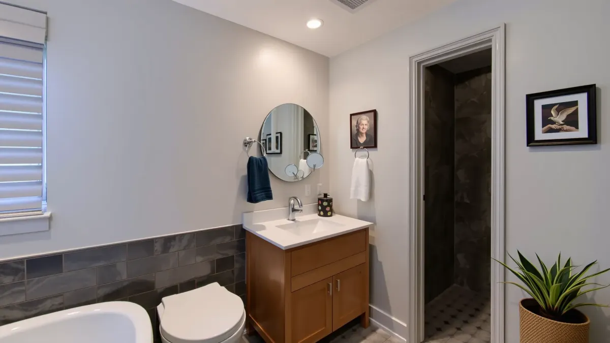 Renovated small bathroom in Hawthorne, CA with black fixtures, frameless shower, floating vanity, and natural light.