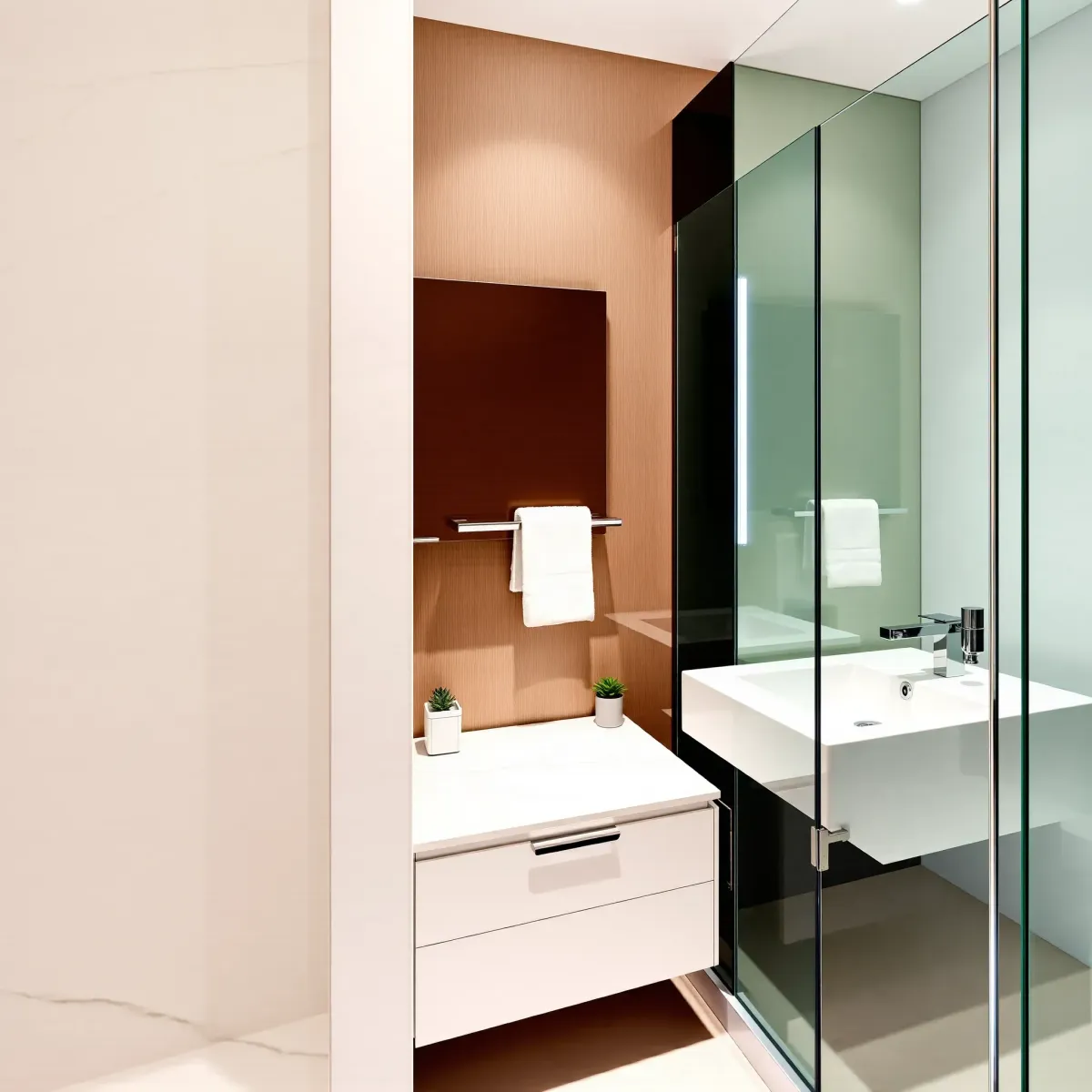 Remodeled small bathroom in Culver City with glass shower, marble tiles, white vanity, and modern fixtures.