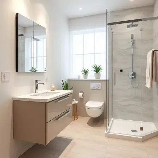 Modern small bathroom in Rancho Park with sleek fixtures, marble vanity, glass shower, neutral tones, and natural light.