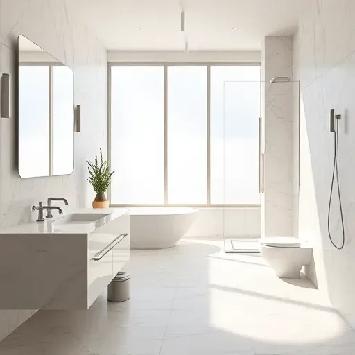 Recently remodeled modern LA bathroom with marble countertops glass shower tiles neutral walls natural light