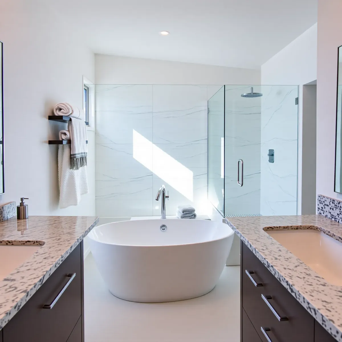 Finished Lomita bathroom remodel with modern fixtures, tiled shower, marble vanity, natural light, and stylish flooring.