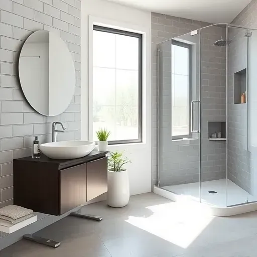 Renovated small bathroom in Lennox CA with gray subway tiles, white sink, dark wood vanity, glass shower, and natural light