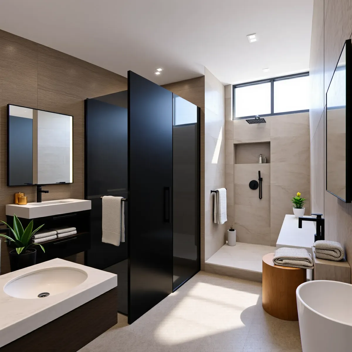 Modern West Adams bathroom with marble vanity, black fixtures, walk-in shower, large tiles, and natural light.