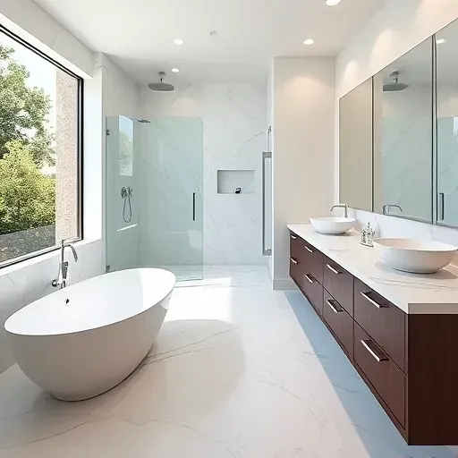 Recently renovated Los Angeles master bathroom with marble tiles, soaking tub, glass shower, double vanity, and modern design