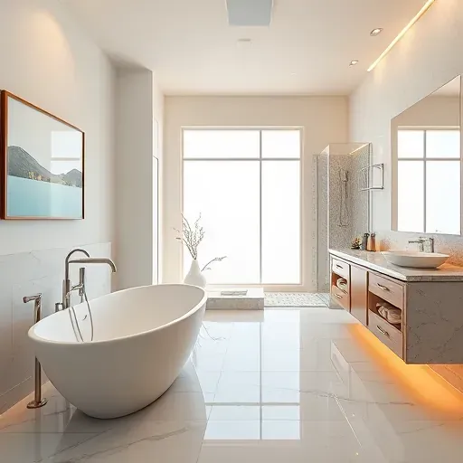 Luxury bathroom remodel in Manhattan Beach featuring modern fixtures, freestanding tub, double vanity, and serene coastal decor.
