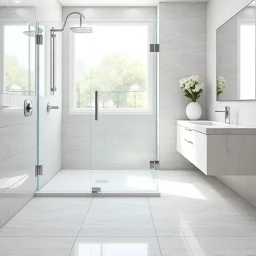 Freshly waterproofed modern bathroom in Los Angeles with tiled shower, chrome fixtures, marble vanity, and natural light