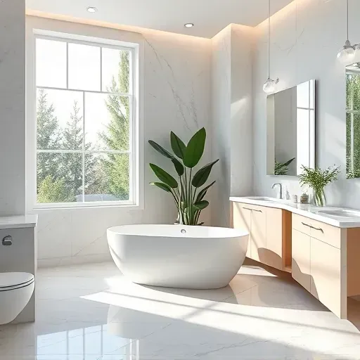Luxurious remodeled bathroom in Westchester CA featuring a freestanding tub, marble counters, elegant tile, and natural light.