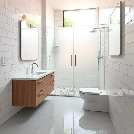 Recently remodeled modern bathroom in South Los Angeles with marble countertops subway tiles pebble flooring and sleek fixtures