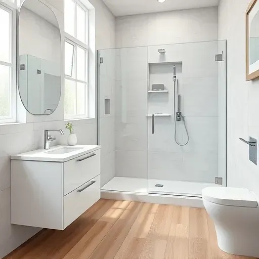 Remodeled small bathroom in Mid Wilshire with white marble vanity, glass shower, wood flooring, and modern fixtures