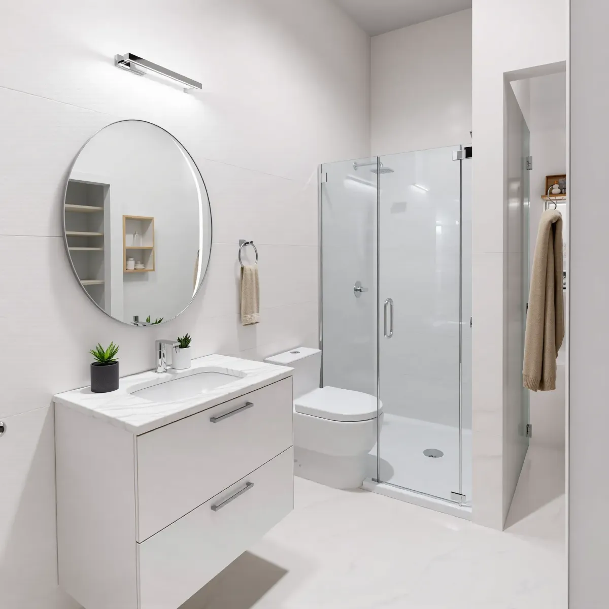 Bright, modern small bathroom with white porcelain tiles, chrome fixtures, marble vanity, glass shower, and greenery.