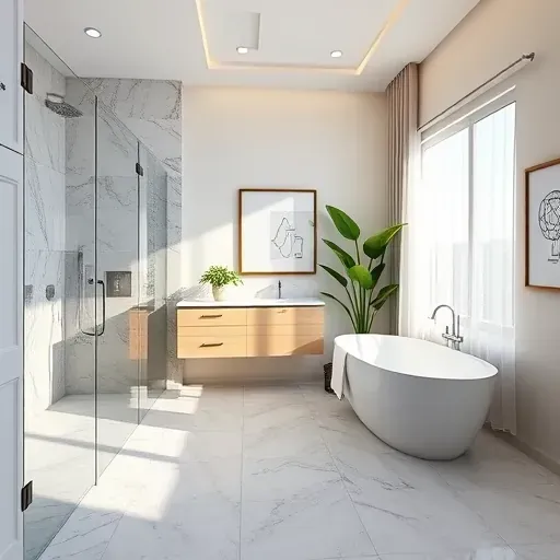 Modern bathroom remodel in Crenshaw CA with a walk-in shower, double sink vanity, freestanding tub and natural decor.