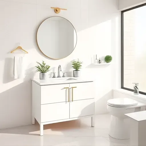 Remodeled Los Angeles half bathroom with sleek modern fixtures, marble countertop, geometric tiles, greenery, and natural light