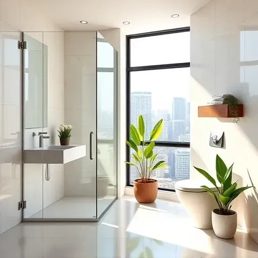 Remodeled small bathroom in Los Angeles with sleek fixtures, frameless glass shower, marble vanity, and city view.