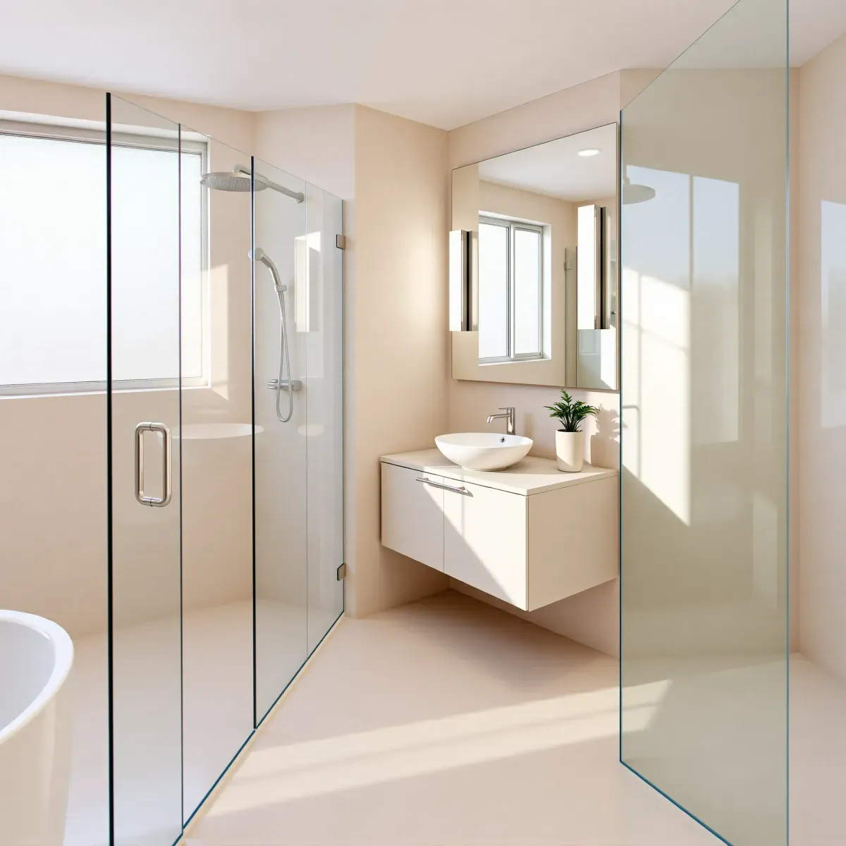 Renovated Leimert Park bathroom with modern fixtures, glass shower, marble tiles, minimalist vanity, and natural light.