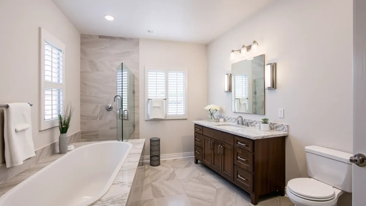Renovated Lawndale bathroom with glass shower, marble counters, bathtub, neutral tiles, natural light, and modern fixtures.