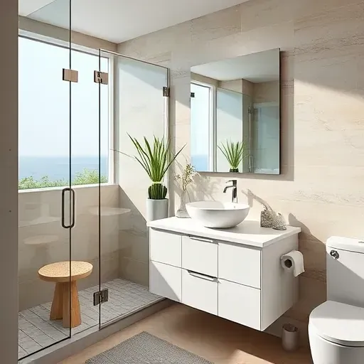 Beautiful renovated Santa Monica bathroom with modern fixtures, glass shower, marble vanity, coastal decor, and ocean view.